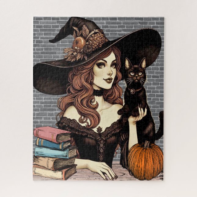 Puzzle Bruja con gato negro y libros (Vertical)