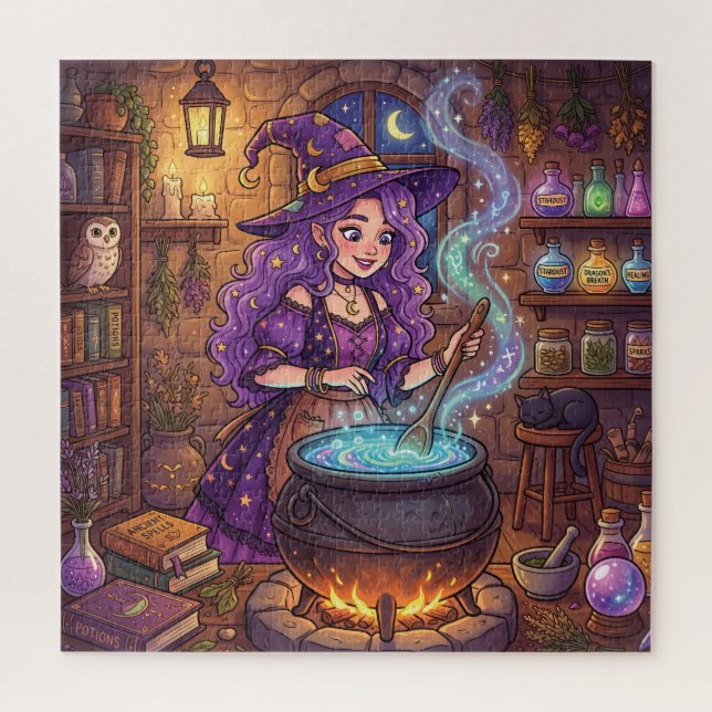 Puzzle Bruja de dibujos animados haciendo poción de amor (Vertical)