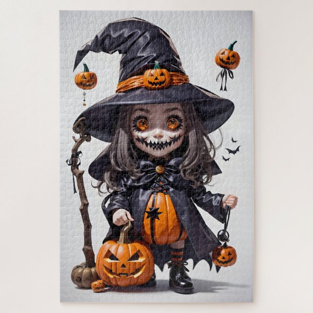 Puzzle Bruja de Halloween animada y espeluznante, Jack-O- (Vertical)