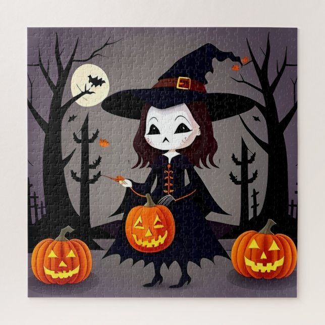 Puzzle Bruja de Halloween con calabazas (Vertical)