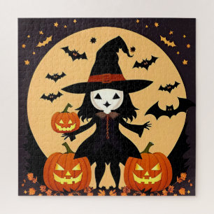 Puzzle Bruja de Halloween con calabazas