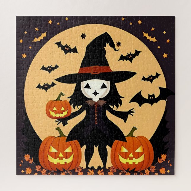 Puzzle Bruja de Halloween con calabazas (Vertical)