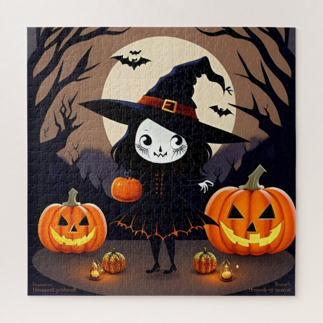 Puzzle Bruja de Halloween con calabazas (Vertical)