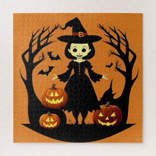 Puzzle Bruja de Halloween con calabazas en un entorno esp