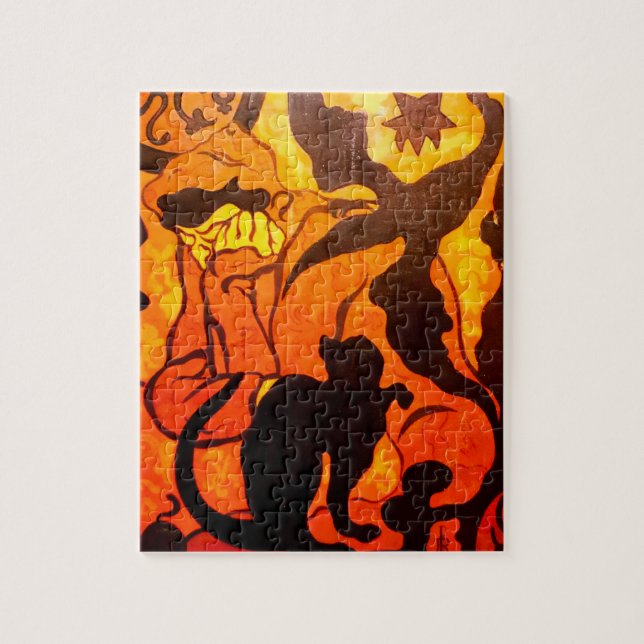 Puzzle Bruja de Halloween con gato negro (Vertical)