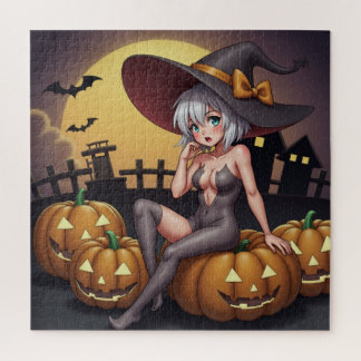 Puzzle Bruja de Halloween con ojos verdes sobre Jack-O-La