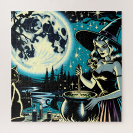 Puzzle Bruja de Halloween vintage agitando un caldero