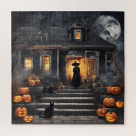 Puzzle Bruja de Halloween y casa embrujada