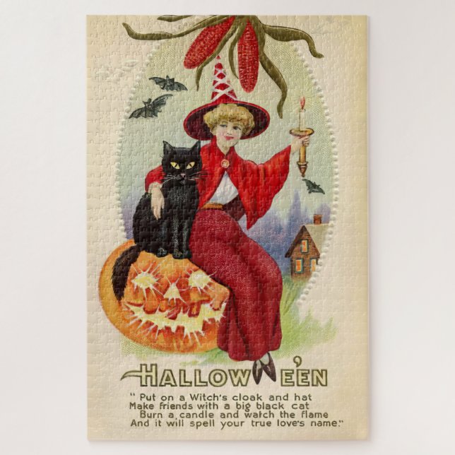Puzzle Bruja de Halloween y gato negro (Vertical)
