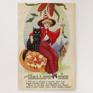 Puzzle Bruja de Halloween y gato negro