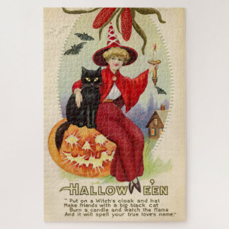 Puzzle Bruja de Halloween y gato negro