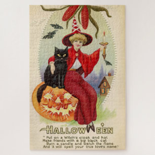 Puzzle Bruja de Halloween y gato negro
