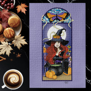 Puzzle Bruja de Otoño Art Nouveau Calabazas Luna Púrpura