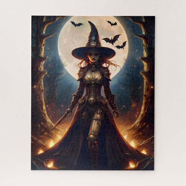 Puzzle Bruja del bosque steampunk de Halloween (Vertical)