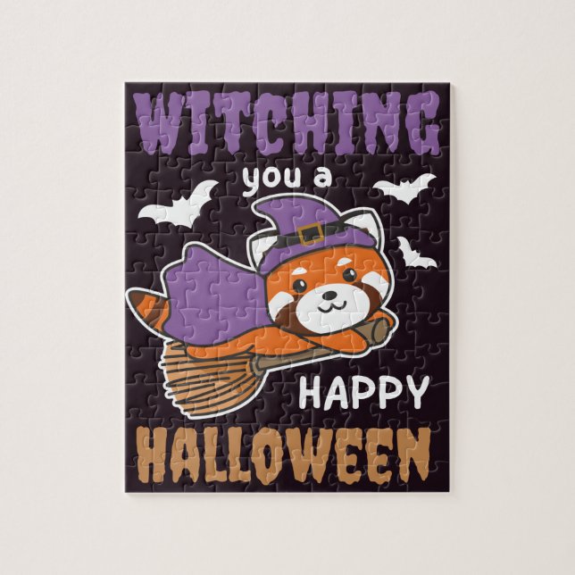 Puzzle Bruja del Panda Rojo Testigo De Un Feliz Halloween (Vertical)