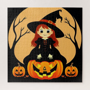 Puzzle Bruja en un entorno de Halloween con calabazas