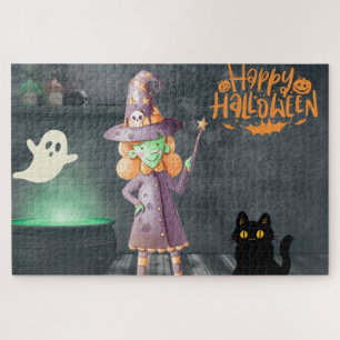 Puzzle Bruja feliz de Halloween, gato negro, fantasma