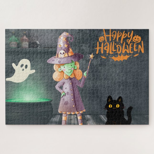 Puzzle Bruja feliz de Halloween, gato negro, fantasma (Horizontal)