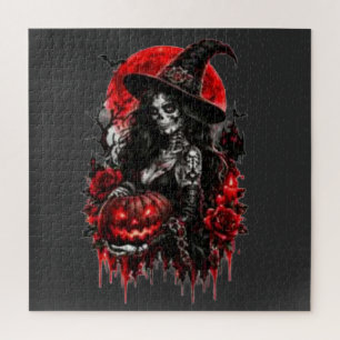 Puzzle Bruja Gótica Calabaza Halloween Gato Negro Espeluz