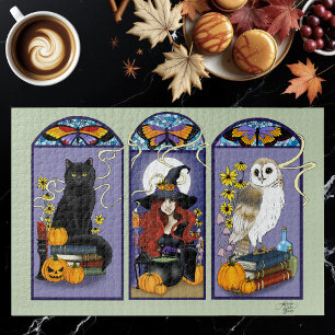 Puzzle Bruja Gótica Gato Negro Búho Halloween Art Nouveau