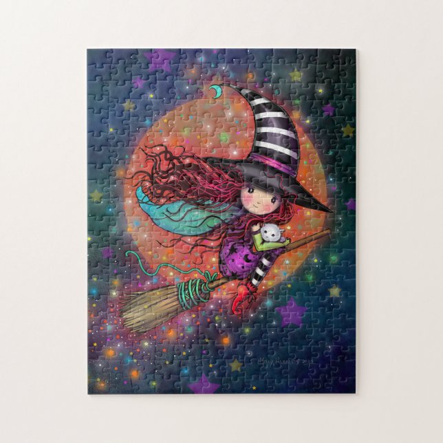 Puzzle Bruja Pequeña con Arte de Halloween de Gato (Vertical)