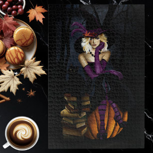 Puzzle Bruja Rubia Juguetona Calabaza Fantasía Púrpura