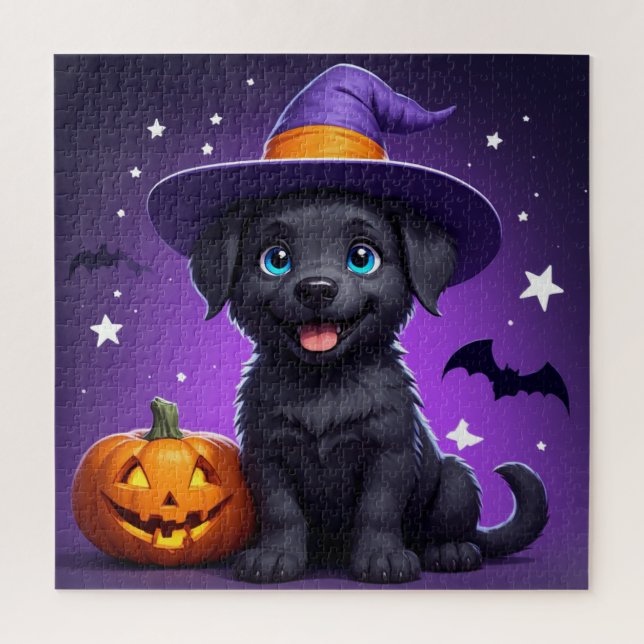 Puzzle Bruja sombrero cachorro lindo Halloween 🐶 (Vertical)