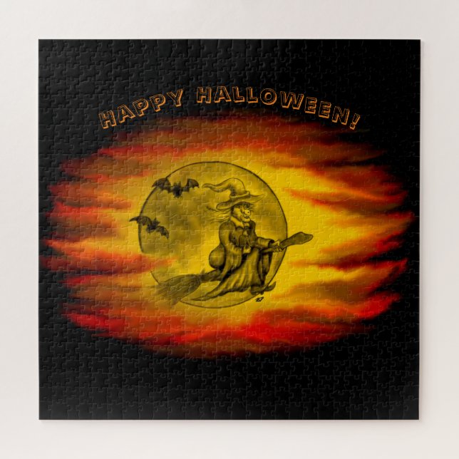 Puzzle Bruja voladora con gato negro, noche de halloween (Horizontal)