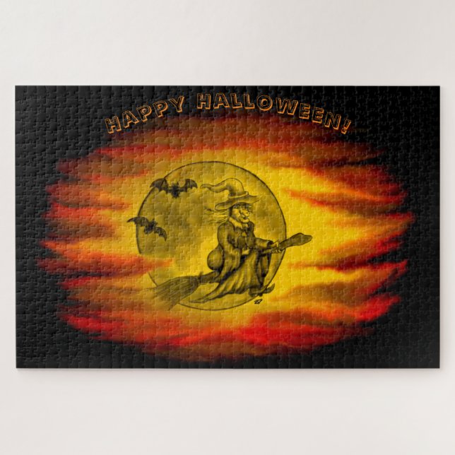 Puzzle Bruja voladora con gato negro, noche de halloween (Horizontal)