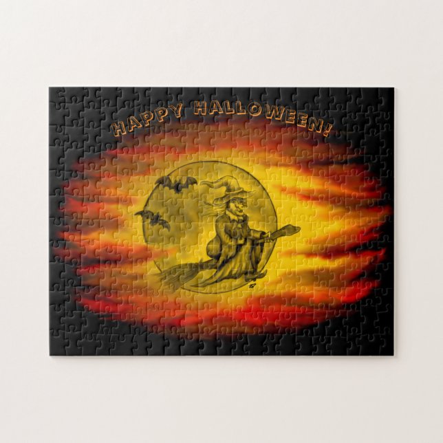 Puzzle Bruja voladora con gato negro, noche de halloween (Horizontal)