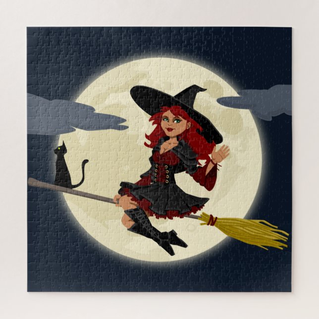Puzzle Bruja voladora, luna y gato negro (Vertical)