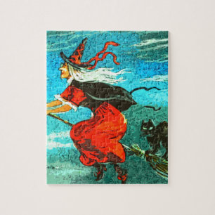 Puzzle Bruja Voladora y Gato Negro de Halloween