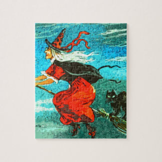 Puzzle Bruja Voladora y Gato Negro de Halloween