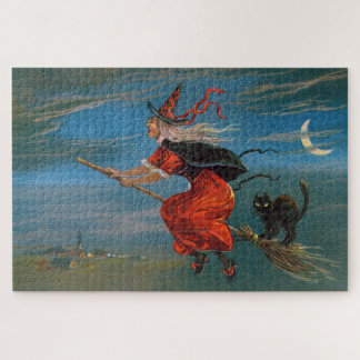 Puzzle Bruja volando con gato negro en la noche de Hallow