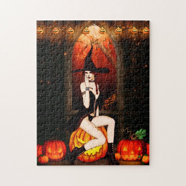 Puzzle Bruja y calabazas de Halloween (Vertical)