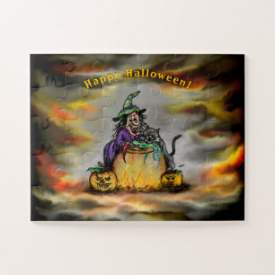 Puzzle Bruja y gato negro, ¡Feliz Halloween!