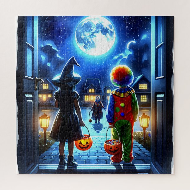 Puzzle Bruja y payaso mirando un Monster Halloween (Vertical)