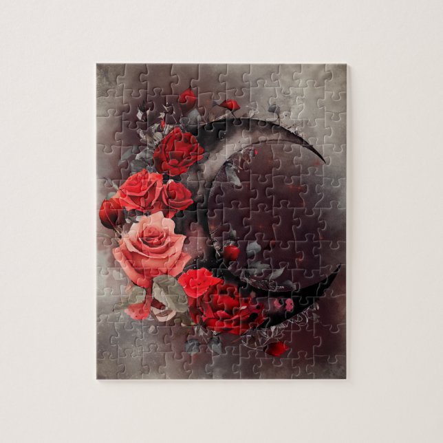 Puzzle Brujería | Luna Crescent con rosas rojas góticas (Vertical)