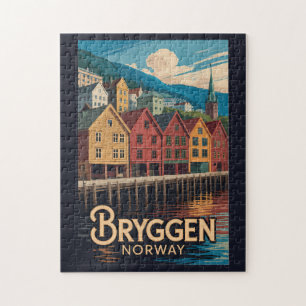 Puzzle Bryggen Noruega Ilustración Arte de viaje Bergen