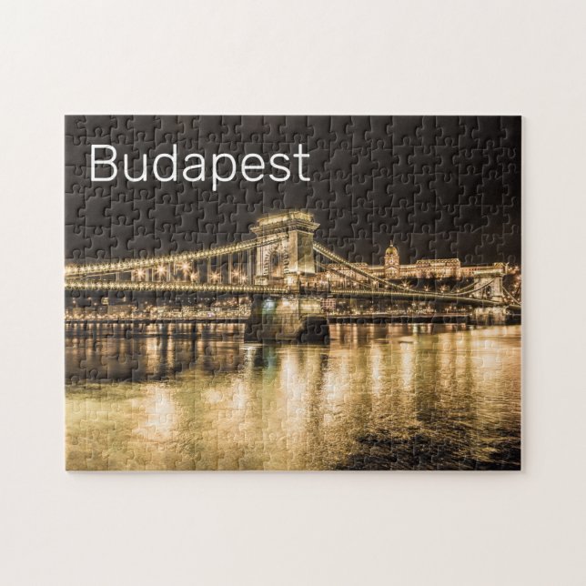 Puzzle Budapest Chain Bridge Hungría Retro Noche Vintage (Horizontal)