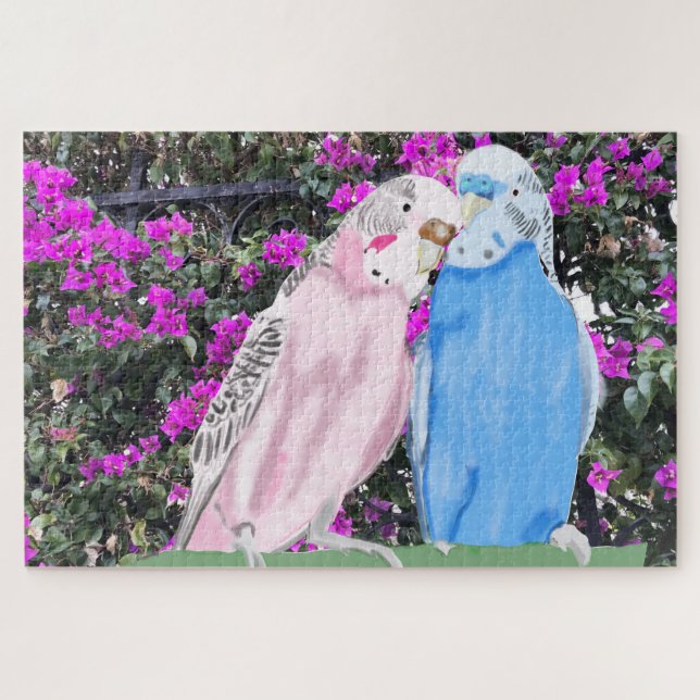 Puzzle Budgie rosado y azul y Bougainvillea (Horizontal)