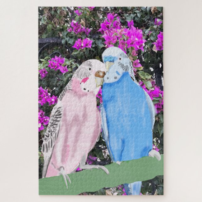 Puzzle Budgies rosas y azules contra la Bougainvillia ros (Vertical)