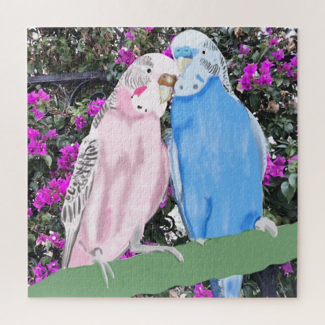 Puzzle Budgies rosas y azules contra la Bougainvillia ros (Vertical)