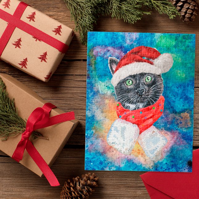 Puzzle Bufanda de Navidad de Gato Negro Acuarela Navidad (Subido por el creador)