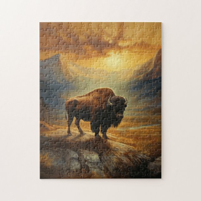 Puzzle Buffalo Bison Sunset Silhouette (Vertical)