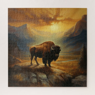 Puzzle Buffalo Bison Sunset Silhouette