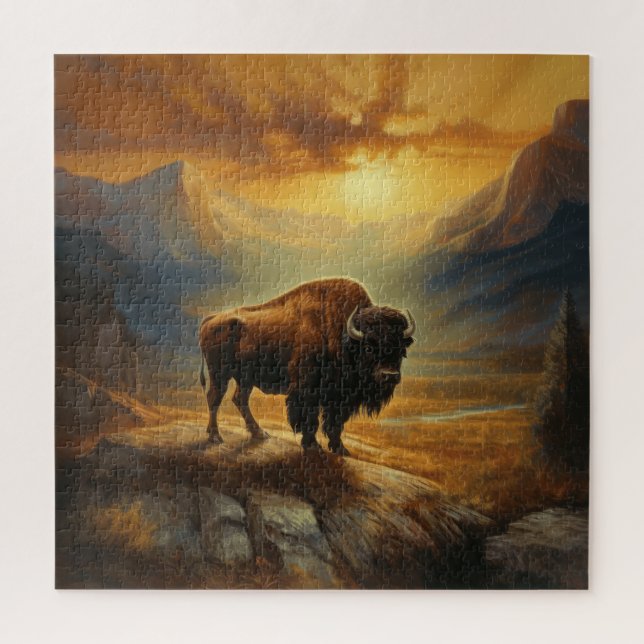 Puzzle Buffalo Bison Sunset Silhouette (Vertical)