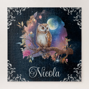 Puzzle Búho de fantasía celestial en acuarela vintage