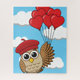 Puzzle Búho lindo volando con globos cardíacos