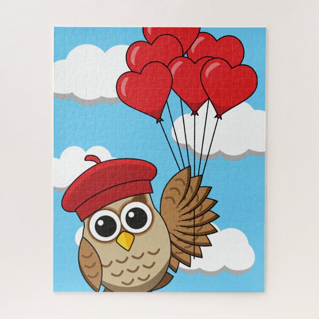 Puzzle Búho lindo volando con globos cardíacos (Vertical)